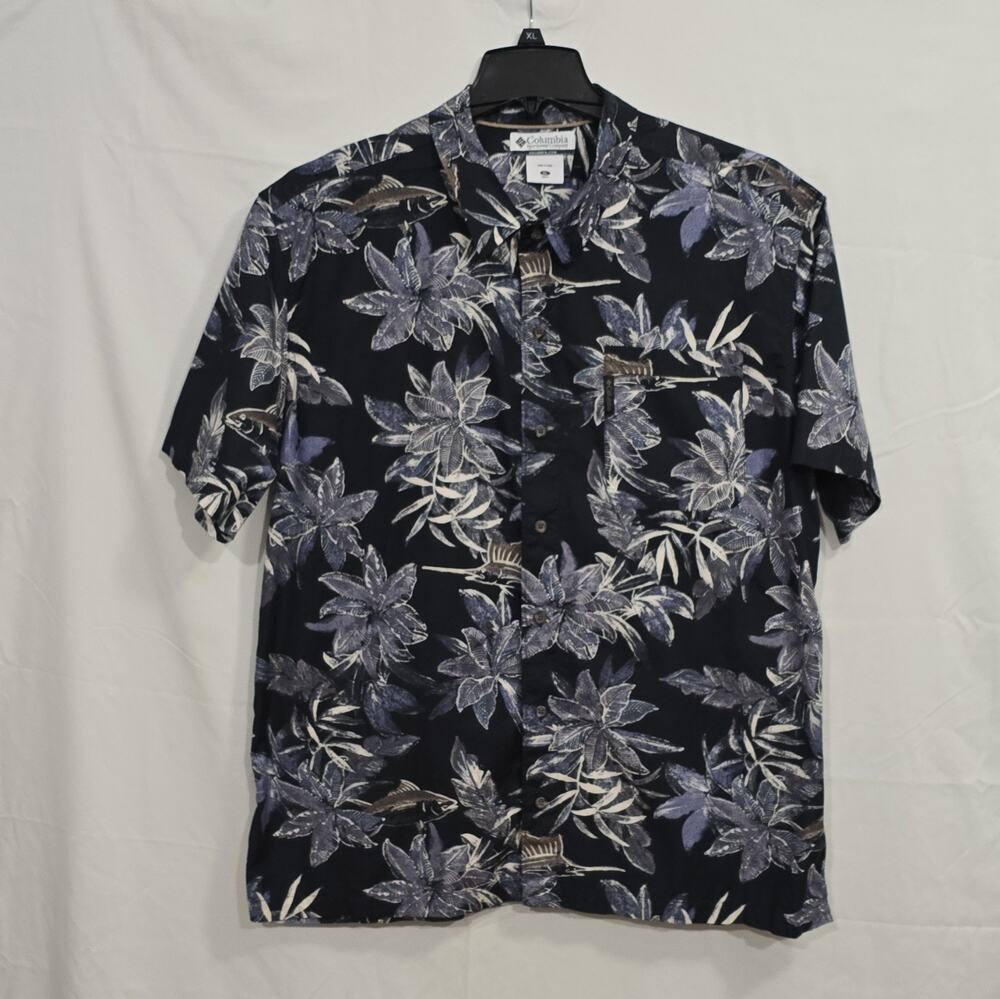 Columbia Men's XL Black Blue Floral Fish Shirt Cotton Short Sleeve Pockets